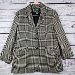 Vintage 1990s Lauren Ralph Lauren Blazer 12 Houndstooth Wool Silk Equestrian USA
